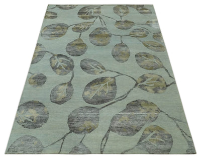 Light Green, Charcoal and Olive Leaf Design 6x9 Hand loom Wool and Viscose Area Rug - The Rug Decor