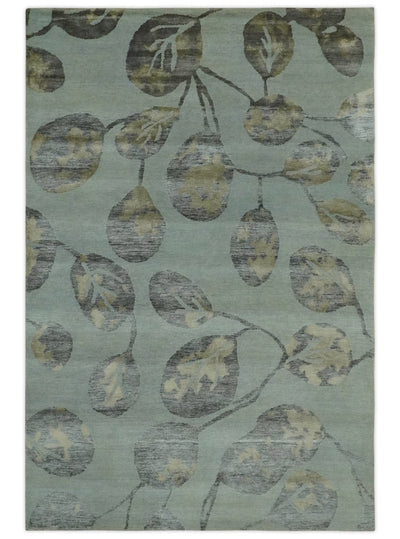 Light Green, Charcoal and Olive Leaf Design 6x9 Hand loom Wool and Viscose Area Rug - The Rug Decor