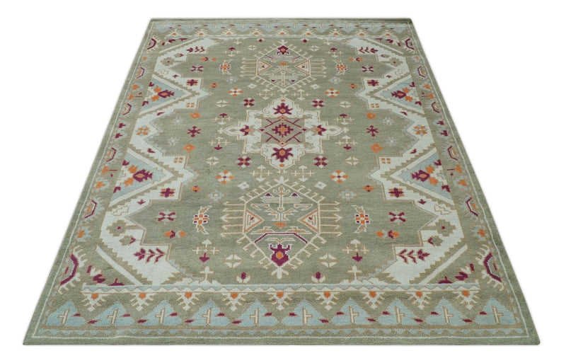 Light Green, Ivory and Maroon Traditional Hand knotted Custom Made wool Area Rug - The Rug Decor