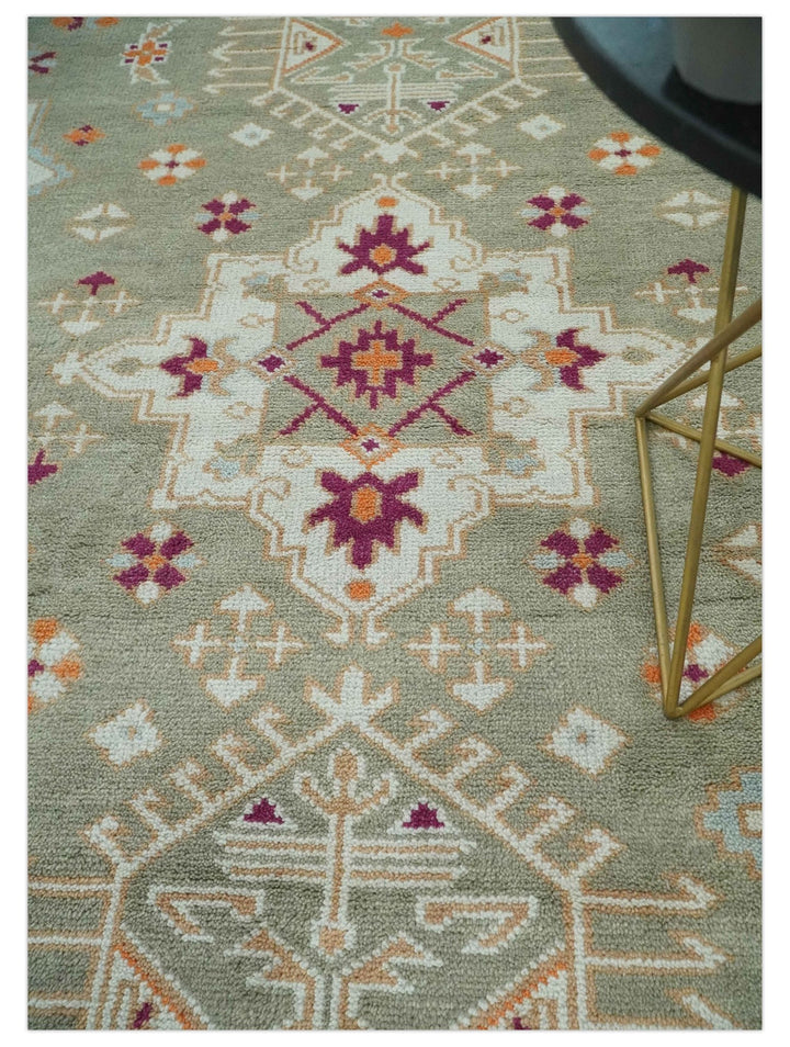 Light Green, Ivory and Maroon Traditional Hand knotted Custom Made wool Area Rug - The Rug Decor