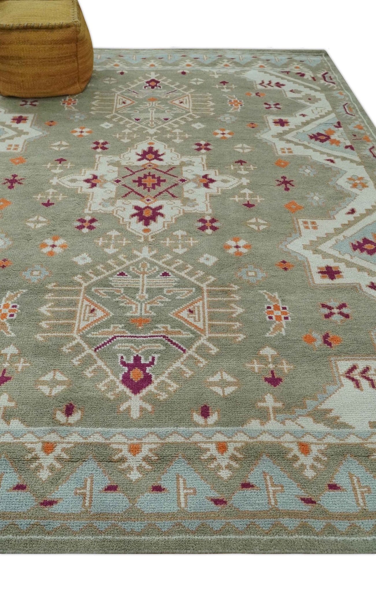 Light Green, Ivory and Maroon Traditional Hand knotted Custom Made wool Area Rug - The Rug Decor
