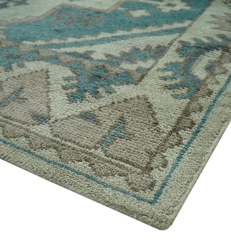 Light green, Teal and Charcoal Traditional Hand Knotted Custom Made wool Area Rug - The Rug Decor