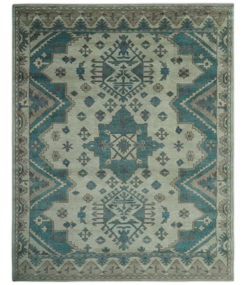 Light green, Teal and Charcoal Traditional Hand Knotted Custom Made wool Area Rug - The Rug Decor