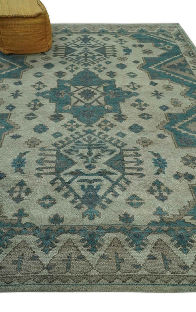 Light green, Teal and Charcoal Traditional Hand Knotted Custom Made wool Area Rug - The Rug Decor