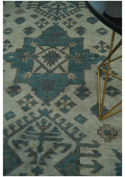 Light green, Teal and Charcoal Traditional Hand Knotted Custom Made wool Area Rug - The Rug Decor