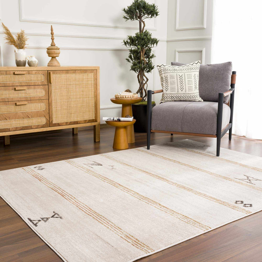 Light Peach, Gold and Charcoal Contemporary Tribal design Area Rug - The Rug Decor