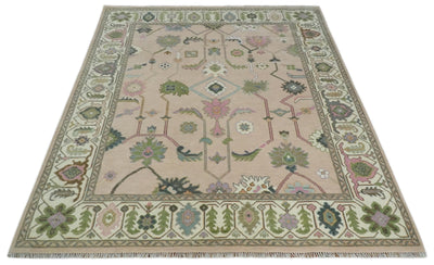 Light Peach, Ivory and Green Traditional Hand Knotted Oriental Oushak 8x10 wool Area Rug - The Rug Decor