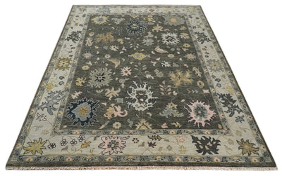 Living Room Rug 5x8, 6x9, 8x10, 9x12, 10x14 and 12x15 Hand Knotted Charcoal and Beige Traditional Vintage Persian Style Antique Wool Rug | TRDCP734 - The Rug Decor