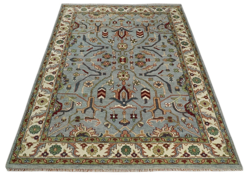 Living Room Rug 5x8, 6x9, 8x10, 9x12, 10x14 and 12x15 Hand Knotted Silver, Olive and Ivory Traditional Persian Oushak Wool Rug | TRDCP790 - The Rug Decor