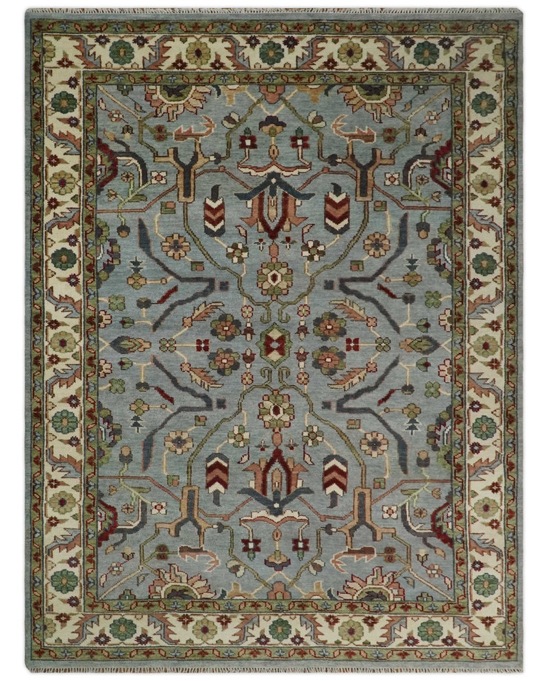 Living Room Rug 5x8, 6x9, 8x10, 9x12, 10x14 and 12x15 Hand Knotted Silver, Olive and Ivory Traditional Persian Oushak Wool Rug | TRDCP790 - The Rug Decor