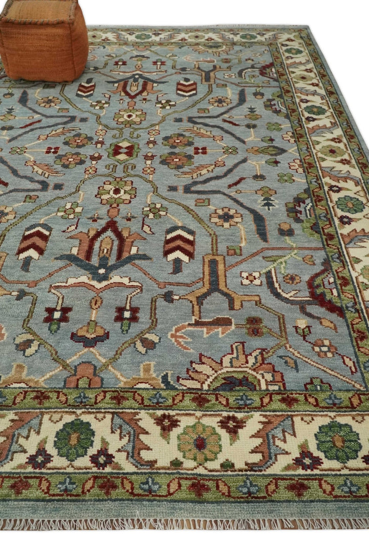 Living Room Rug 5x8, 6x9, 8x10, 9x12, 10x14 and 12x15 Hand Knotted Silver, Olive and Ivory Traditional Persian Oushak Wool Rug | TRDCP790 - The Rug Decor