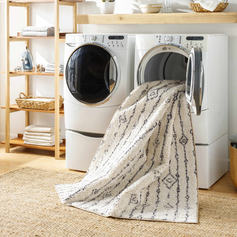 Traditional Machine woven Stripes Pattern Beige and Charcoal Machine Washable Multi Size Area Rug