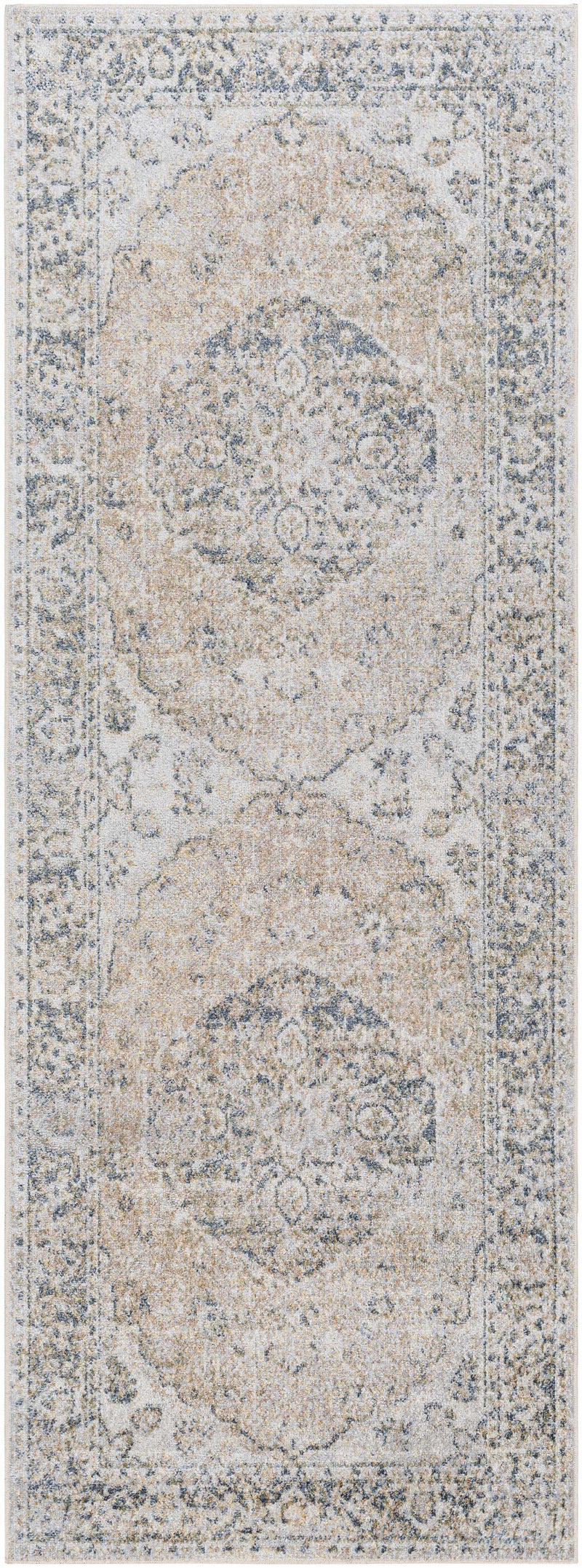 Traditional Medallion design woven Beige, Ivory and Charcoal Washable Rug