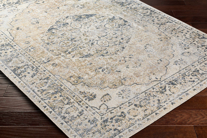 Traditional Medallion design woven Beige, Ivory and Charcoal Washable Rug