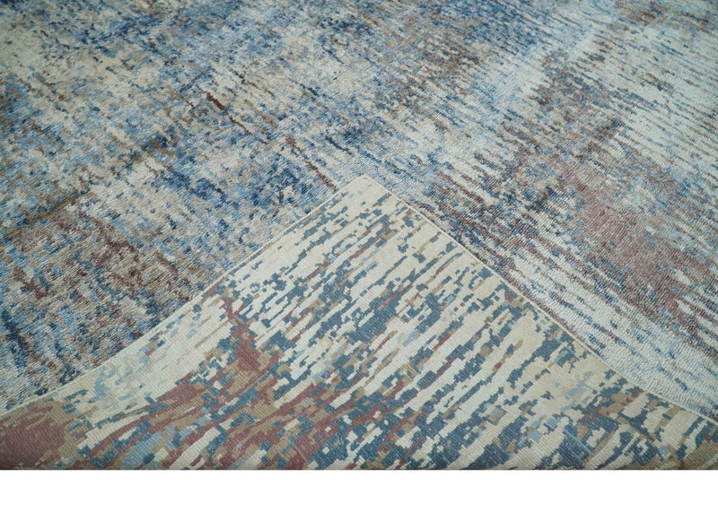 Luxury 8x10 Hand knotted Blue, Ivory and Brown Abstract wool and Silk Blended Area Rug - The Rug Decor