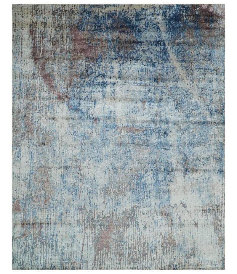 Luxury 8x10 Hand knotted Blue, Ivory and Brown Abstract wool and Silk Blended Area Rug - The Rug Decor