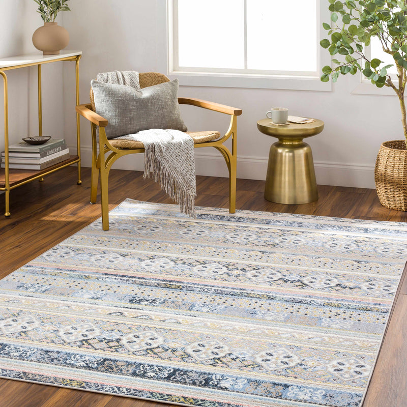 Beige, Ivory, Charcoal and Blue Machine Woven Modern Contemporary Tribal Trellis Design Washable Rug