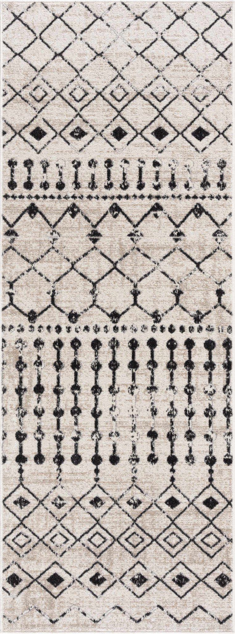 Machine Woven Light Peach and Black Moroccan Pattern Machine Washable Turkish Rug - The Rug Decor