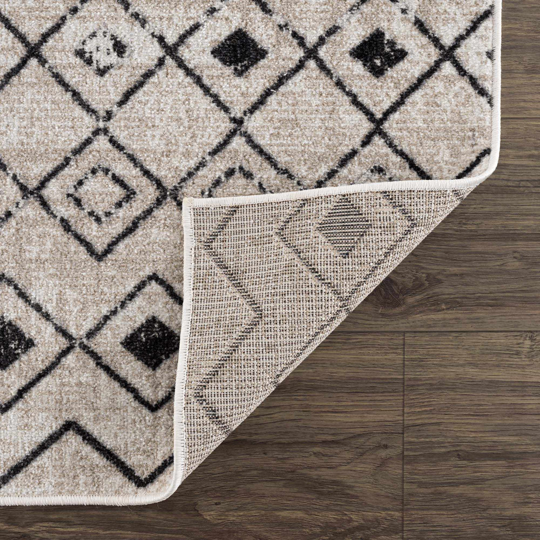 Machine Woven Light Peach and Black Moroccan Pattern Machine Washable Turkish Rug - The Rug Decor