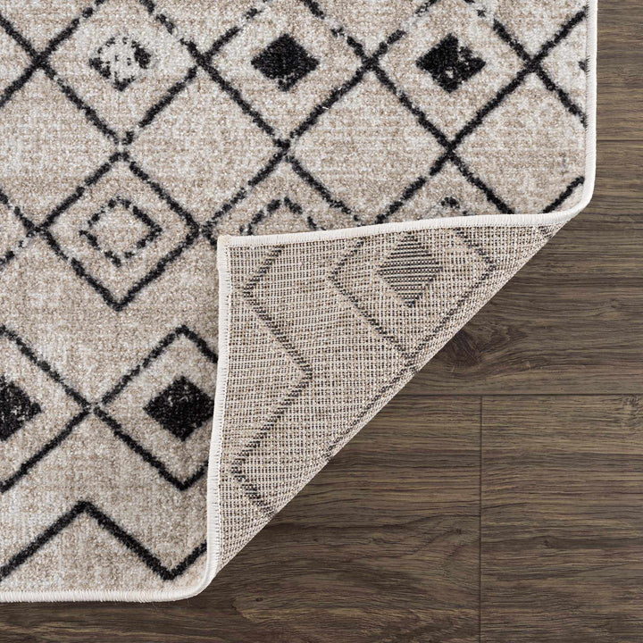 Machine Woven Light Peach and Black Moroccan Pattern Machine Washable Turkish Rug - The Rug Decor