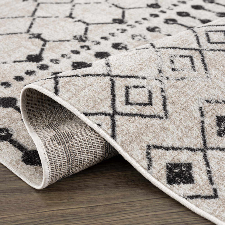 Machine Woven Light Peach and Black Moroccan Pattern Machine Washable Turkish Rug - The Rug Decor