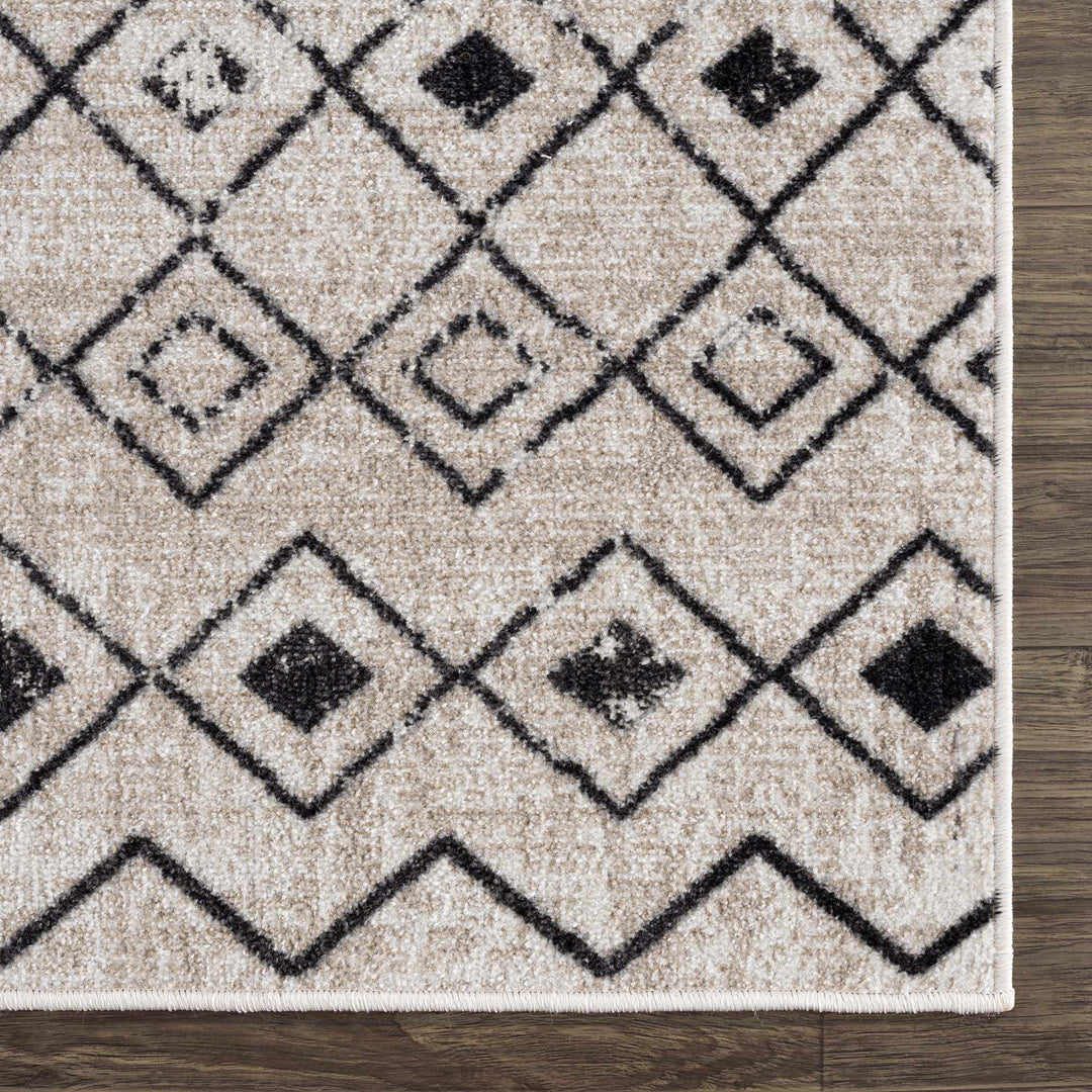 Machine Woven Light Peach and Black Moroccan Pattern Machine Washable Turkish Rug - The Rug Decor