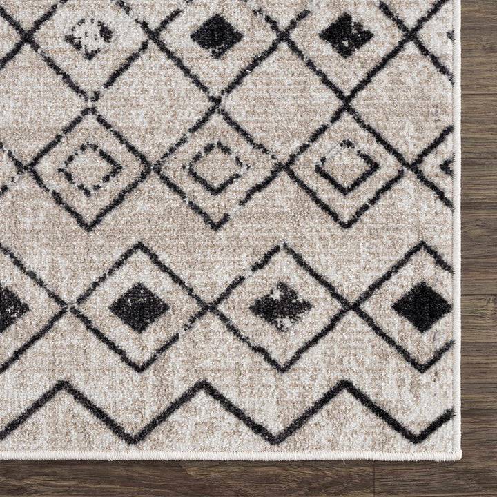 Machine Woven Light Peach and Black Moroccan Pattern Machine Washable Turkish Rug - The Rug Decor