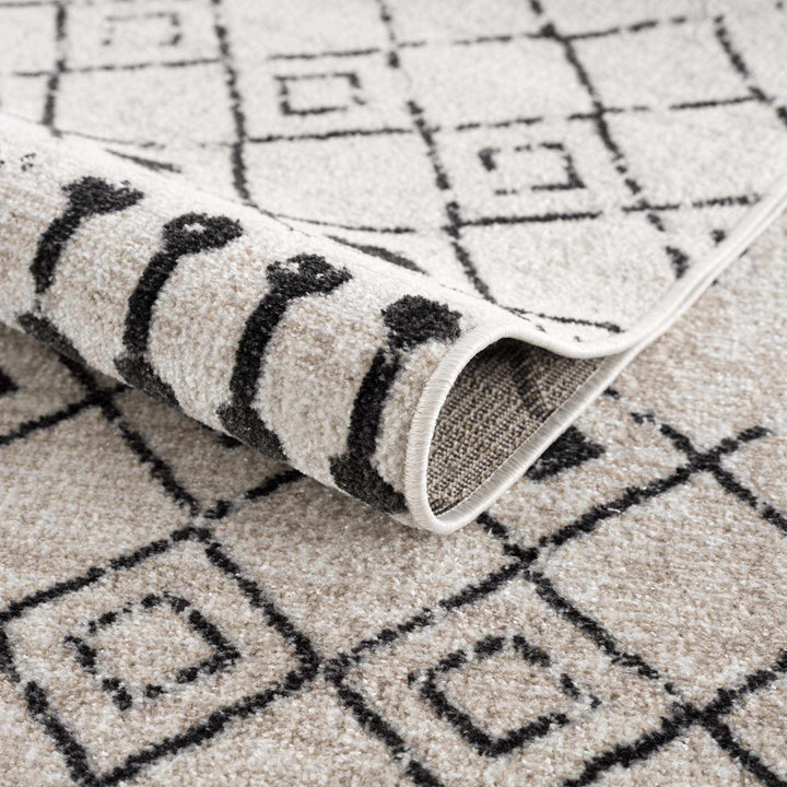 Machine Woven Light Peach and Black Moroccan Pattern Machine Washable Turkish Rug - The Rug Decor