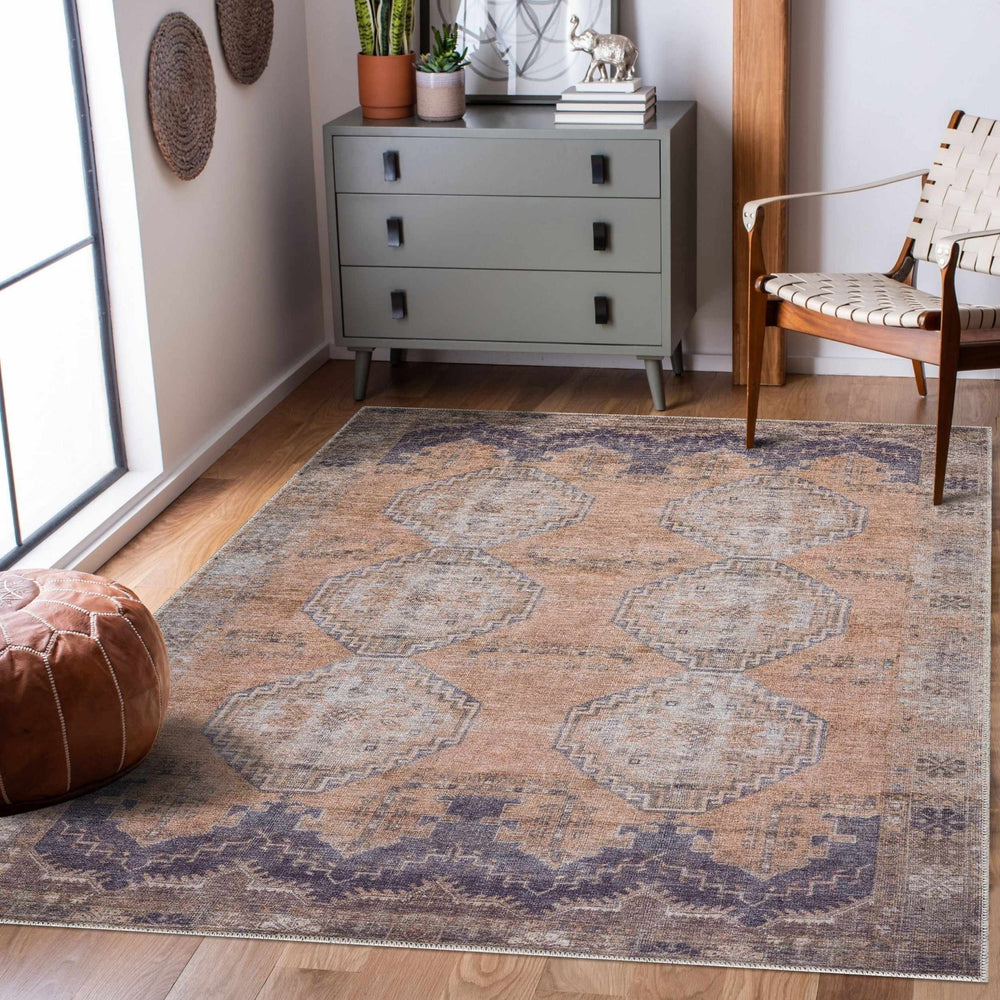 Machine Woven Peach, Silver, Blue and Brown Traditional Machine washable Turkish Rug - The Rug Decor