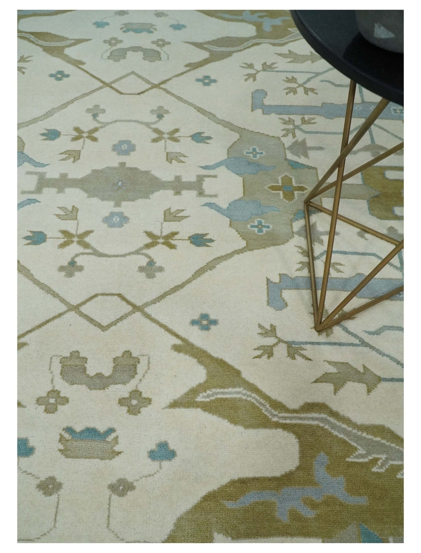 Made to Order Hand Knotted Oriental Oushak Ivory, Aqua and Beige Wool Area Rug - The Rug Decor