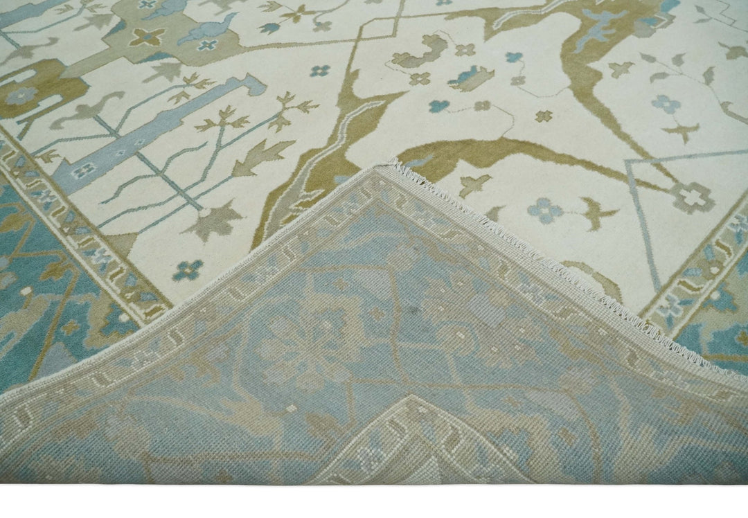 Made to Order Hand Knotted Oriental Oushak Ivory, Aqua and Beige Wool Area Rug - The Rug Decor