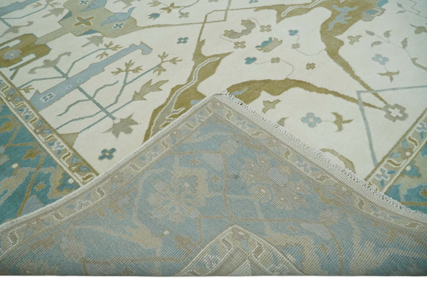 Made to Order Hand Knotted Oriental Oushak Ivory, Aqua and Beige Wool Area Rug - The Rug Decor