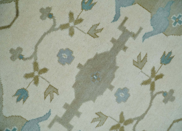 Made to Order Hand Knotted Oriental Oushak Ivory, Aqua and Beige Wool Area Rug - The Rug Decor