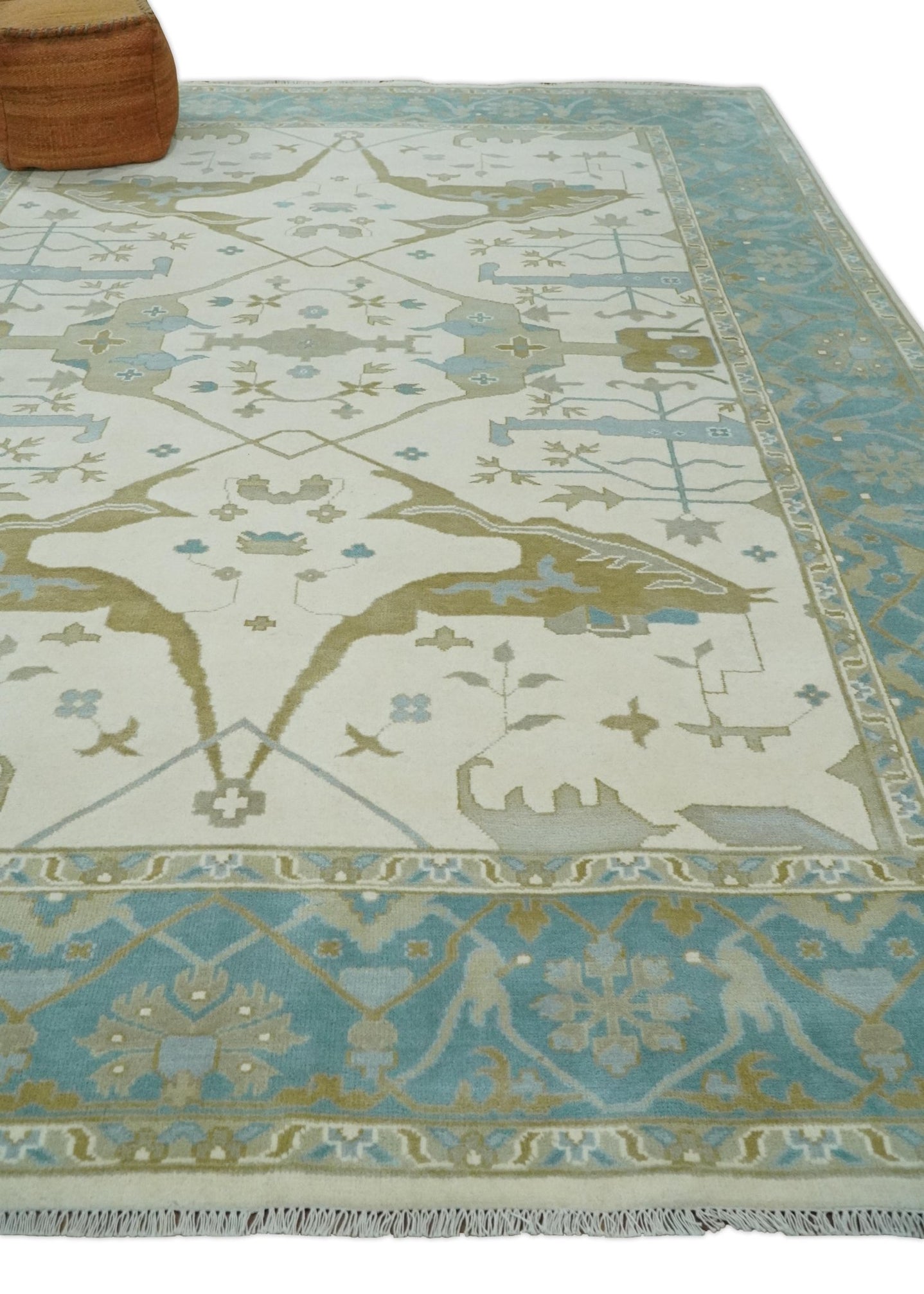 Made to Order Hand Knotted Oriental Oushak Ivory, Aqua and Beige Wool Area Rug - The Rug Decor