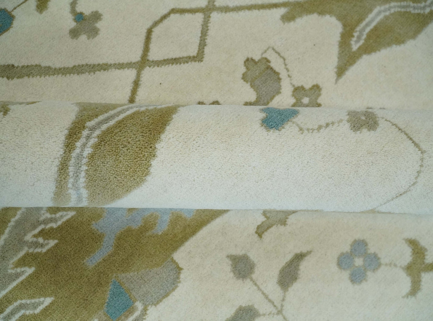 Made to Order Hand Knotted Oriental Oushak Ivory, Aqua and Beige Wool Area Rug - The Rug Decor