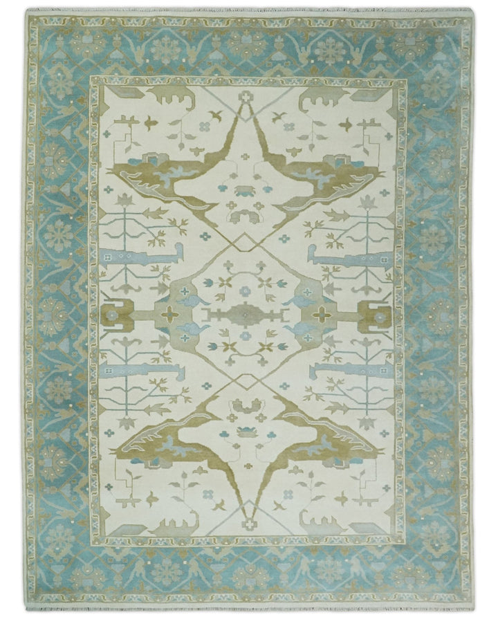 Made to Order Hand Knotted Oriental Oushak Ivory, Aqua and Beige Wool Area Rug - The Rug Decor