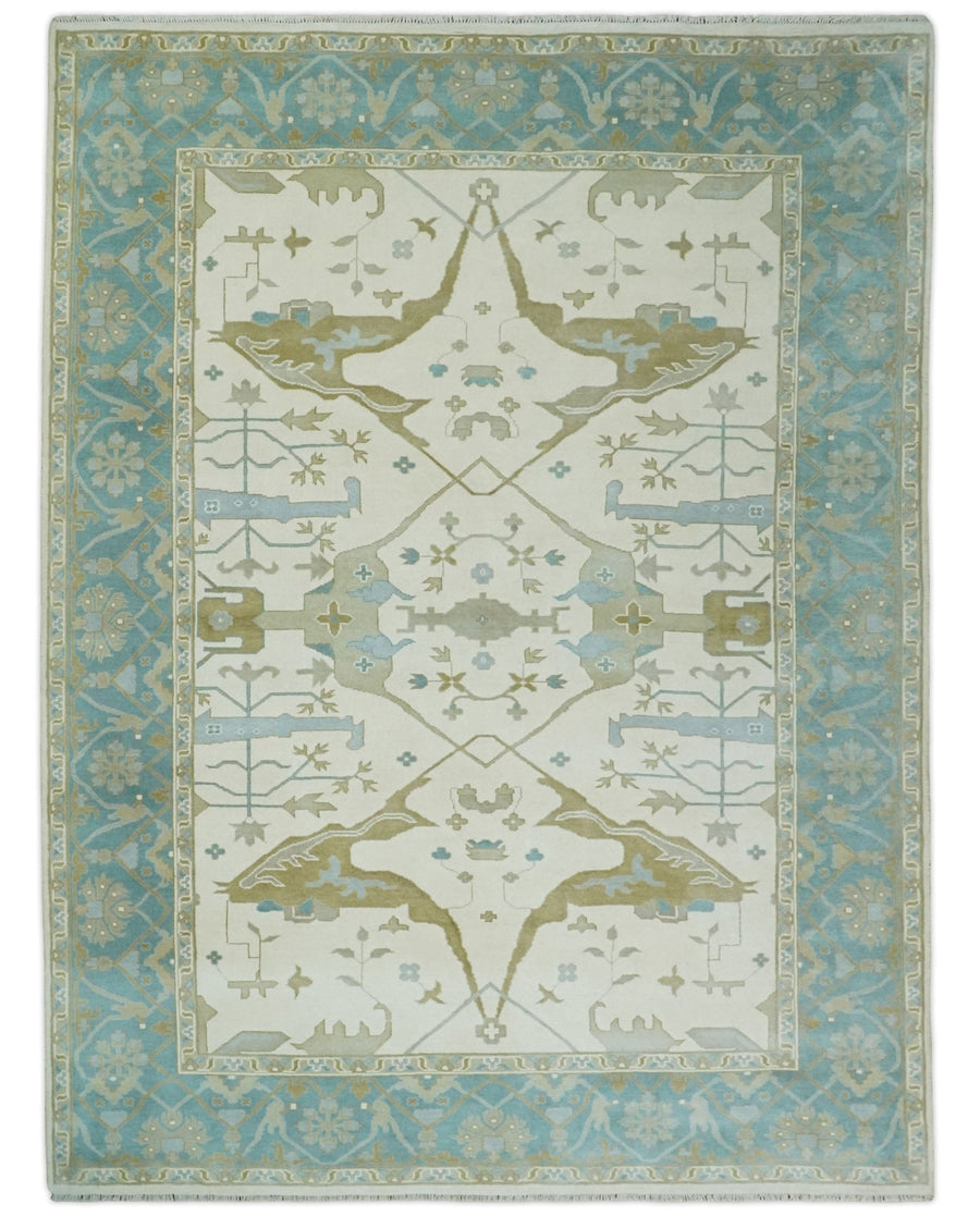 Made to Order Hand Knotted Oriental Oushak Ivory, Aqua and Beige Wool Area Rug - The Rug Decor