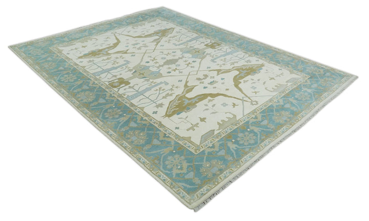 Made to Order Hand Knotted Oriental Oushak Ivory, Aqua and Beige Wool Area Rug - The Rug Decor