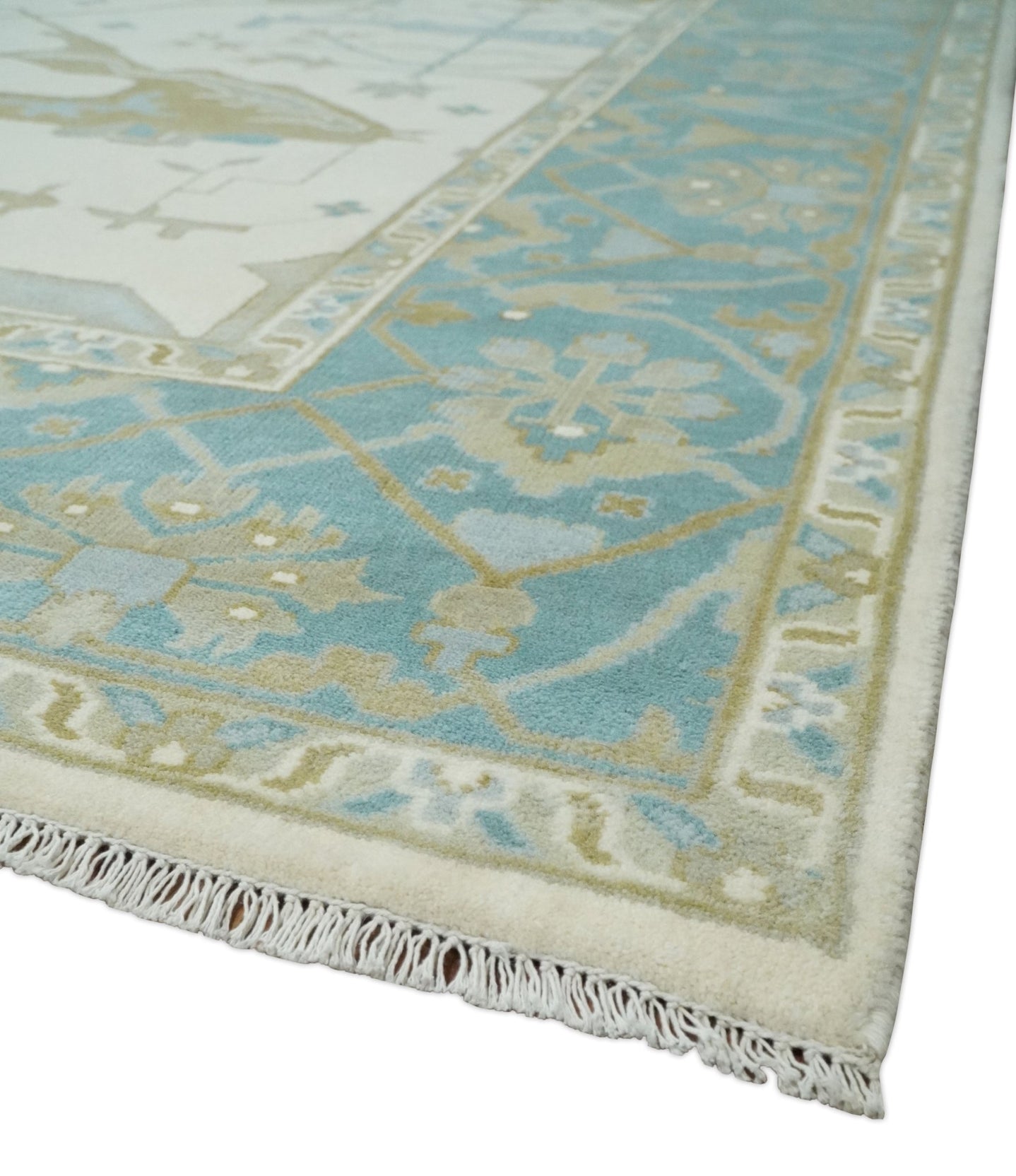 Made to Order Hand Knotted Oriental Oushak Ivory, Aqua and Beige Wool Area Rug - The Rug Decor