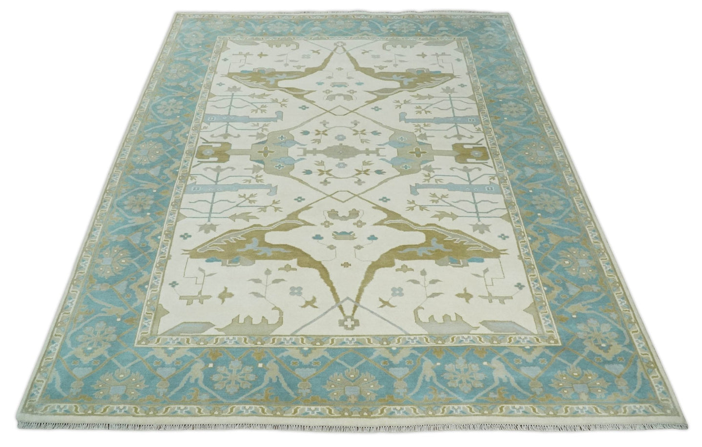 Made to Order Hand Knotted Oriental Oushak Ivory, Aqua and Beige Wool Area Rug - The Rug Decor