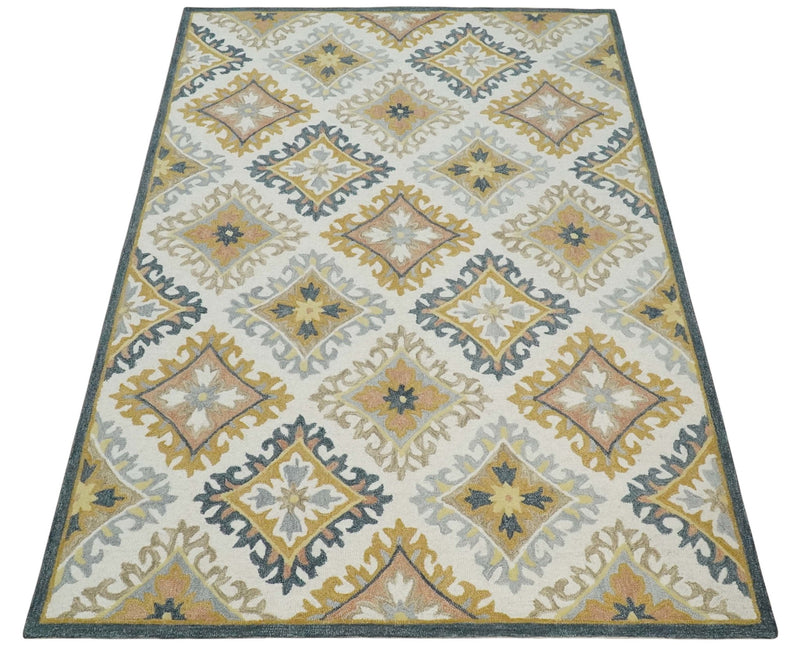 Made to Order Hand Tufted Ivory, Gold, Charcoal and Peach Traditional Style Rug - The Rug Decor