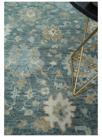 Made to Order Teal, Olive and Silver Antique Style Hand knotted Oushak wool Area Rug - The Rug Decor