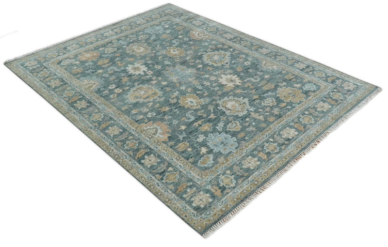 Made to Order Teal, Olive and Silver Antique Style Hand knotted Oushak wool Area Rug - The Rug Decor