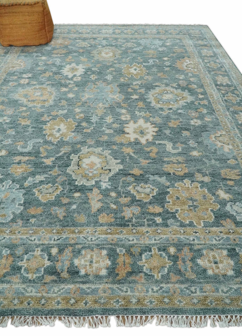 Made to Order Teal, Olive and Silver Antique Style Hand knotted Oushak wool Area Rug - The Rug Decor