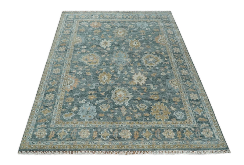 Made to Order Teal, Olive and Silver Antique Style Hand knotted Oushak wool Area Rug - The Rug Decor