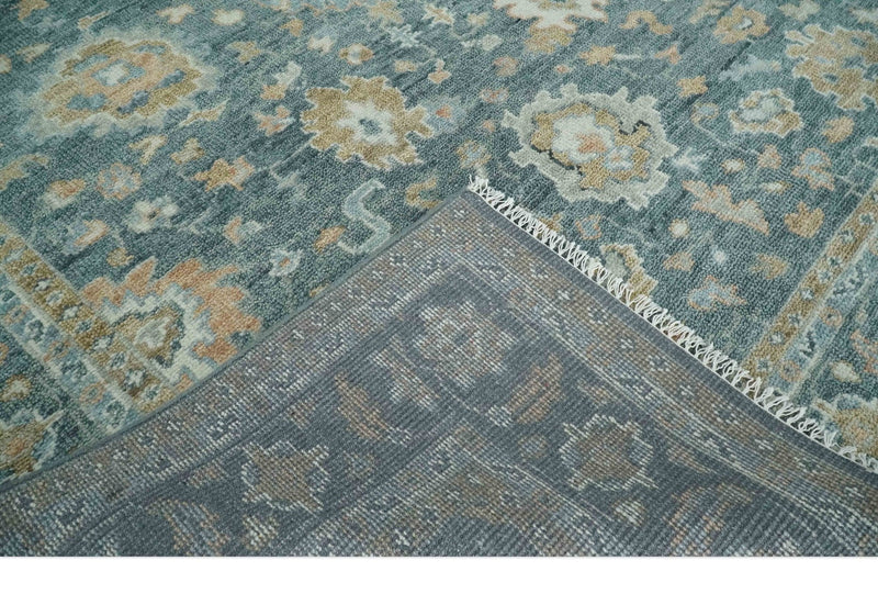 Made to Order Teal, Olive and Silver Antique Style Hand knotted Oushak wool Area Rug - The Rug Decor