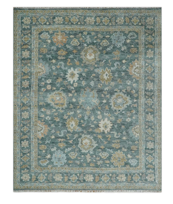 Made to Order Teal, Olive and Silver Antique Style Hand knotted Oushak wool Area Rug - The Rug Decor