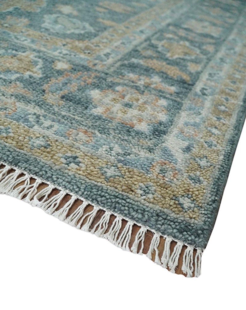 Made to Order Teal, Olive and Silver Antique Style Hand knotted Oushak wool Area Rug - The Rug Decor