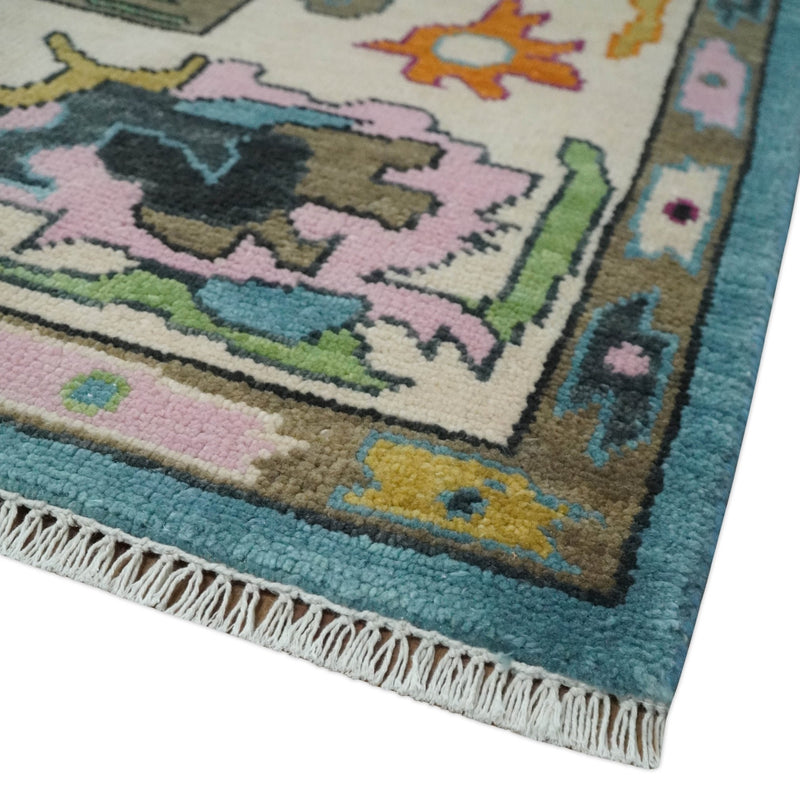 Made to Order Traditional Blue and Ivory Vibrant colorful Hand knotted Oushak wool area rug - The Rug Decor