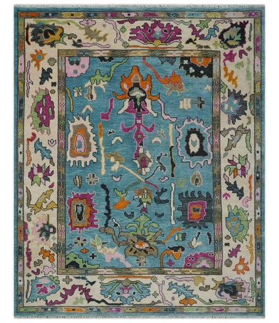 Made to Order Traditional Blue and Ivory Vibrant colorful Hand knotted Oushak wool area rug - The Rug Decor
